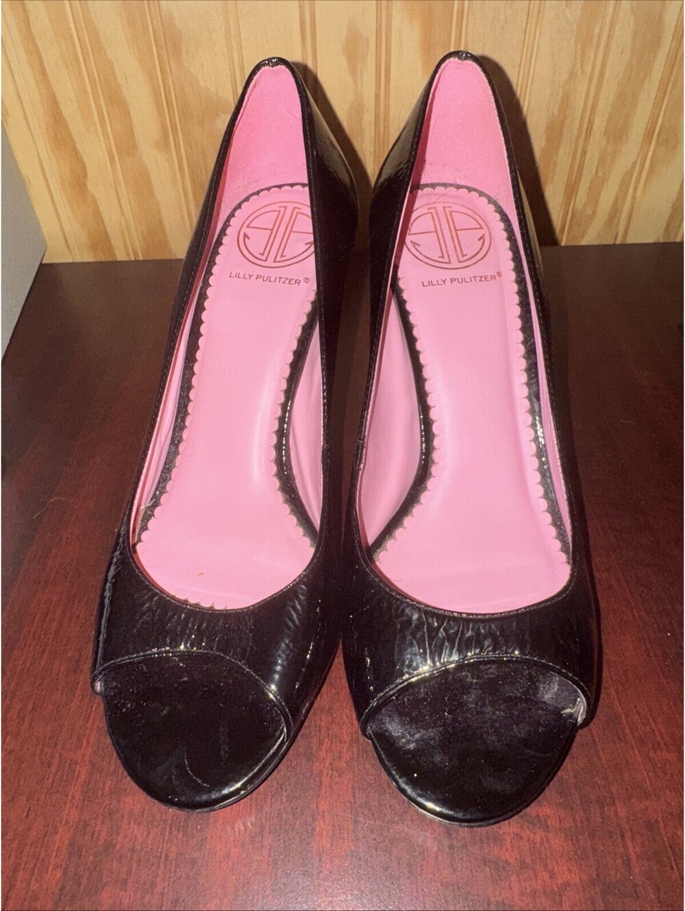 ⭐️Lilly Pulitzer Sz 7 Black Patent Leather Open Toe Pumps 3.25" Heel